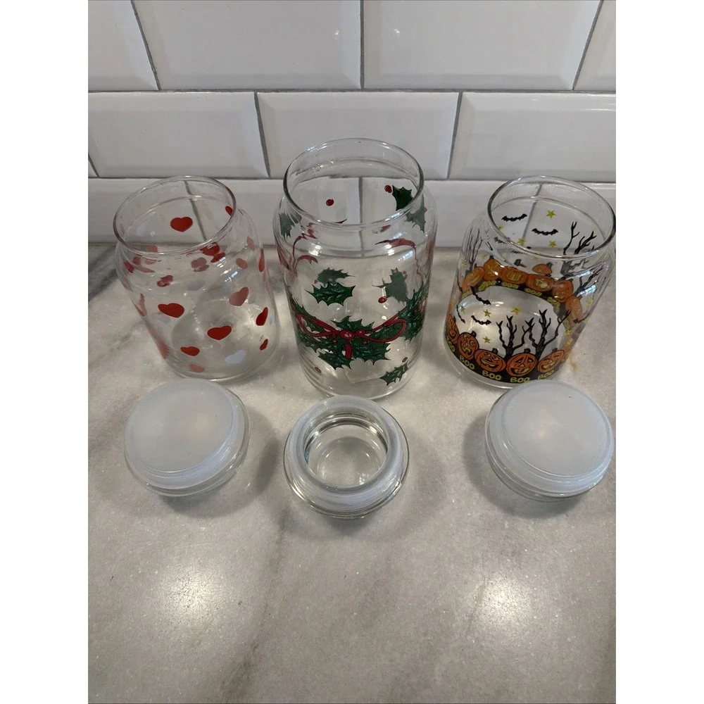 Lot Of 3 Vintage Libbey/Anchor Hocking Candy‎ Jars Valentine/halloween/xmas 0001